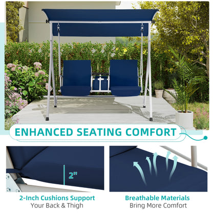 HOMREST Patio Swing with Adjustable CanopyHeavy Duty 650 LBS Outdoor Swing with Pivot Storage Table & 4 Cup Holders & Cushions for Yard, Lawn, Backyard, Navy Blue