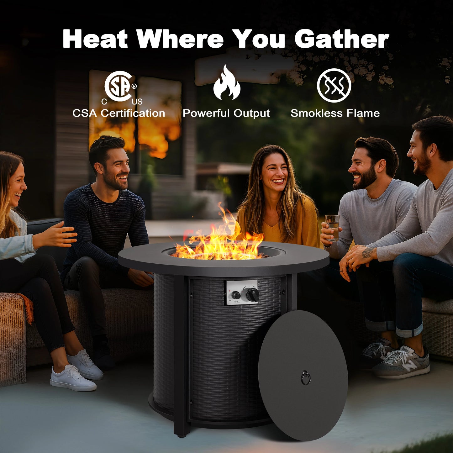 Nuu Garden Outdoor Metal 30'' Round Propane Fire Pit Table with Rattan Embossed Pattern, CSA-Certified 2 in 1 Round Gas Fire Pit Table with Lid & Lava Rocks, Patio Round Gas Fire Pit, Black