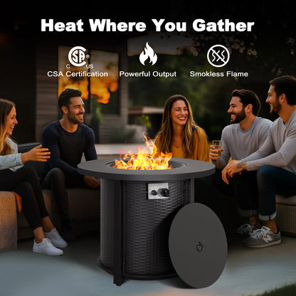 Nuu Garden Outdoor Metal 30'' Round Propane Fire Pit Table with Rattan Embossed Pattern, CSA-Certified 2 in 1 Round Gas Fire Pit Table with Lid & Lava Rocks, Patio Round Gas Fire Pit, Black