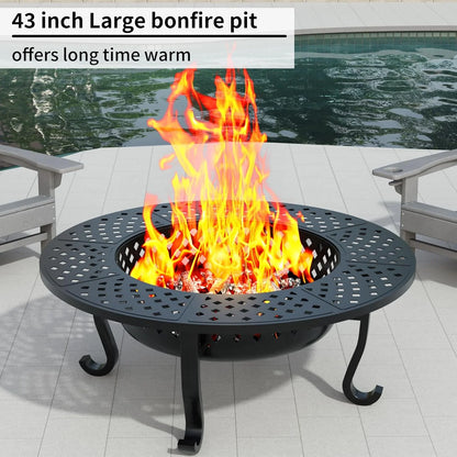 43 Inch Fire Pit with 2 Grill, Outdoor Wood Burning Firepit with Lid, Metal Round Table for Backyard Patio Garden Picnic Camping Bonfire
