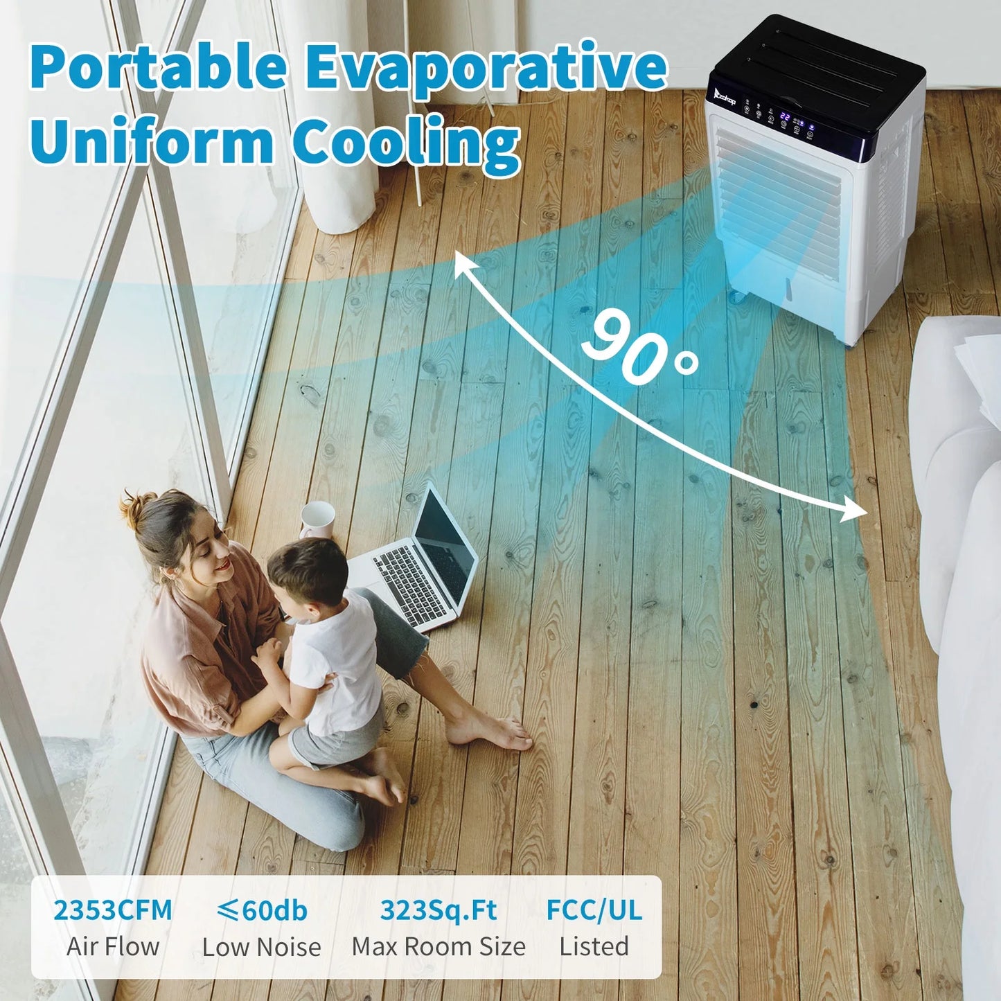 Evaporative Air Cooler, 2353CFM Portable Cooling Fan w/Humidifier, Indoor Outdoor Swamp Cooler for Home Patio, 7.9GAL Water Tank, 4 Ice Packs, 3 Speeds, 90?Swing