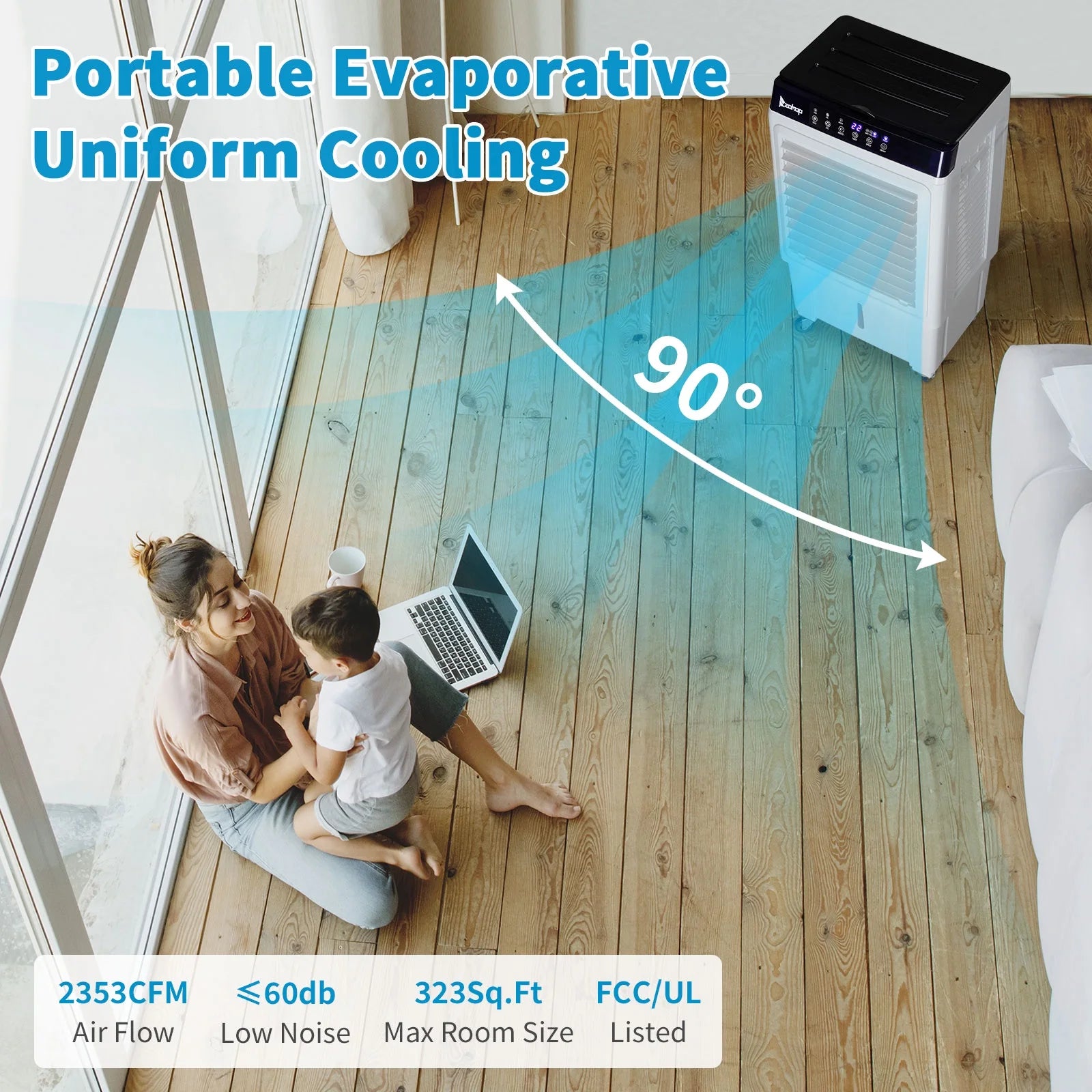 Evaporative Air Cooler, 2353CFM Portable Cooling Fan w/Humidifier, Indoor Outdoor Swamp Cooler for Home Patio, 7.9GAL Water Tank, 4 Ice Packs, 3 Speeds, 90?Swing