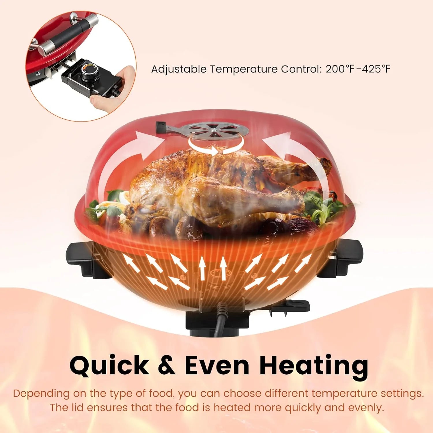 HAPPYGRILL 1600W Electric Grill Outdoor, Portable BBQ Grill with Warming Tray, Removable Non-Stick Grill Rack, Adjustable Temperature& Oil Drip Tray for Patio, Camping, Picnic,Red