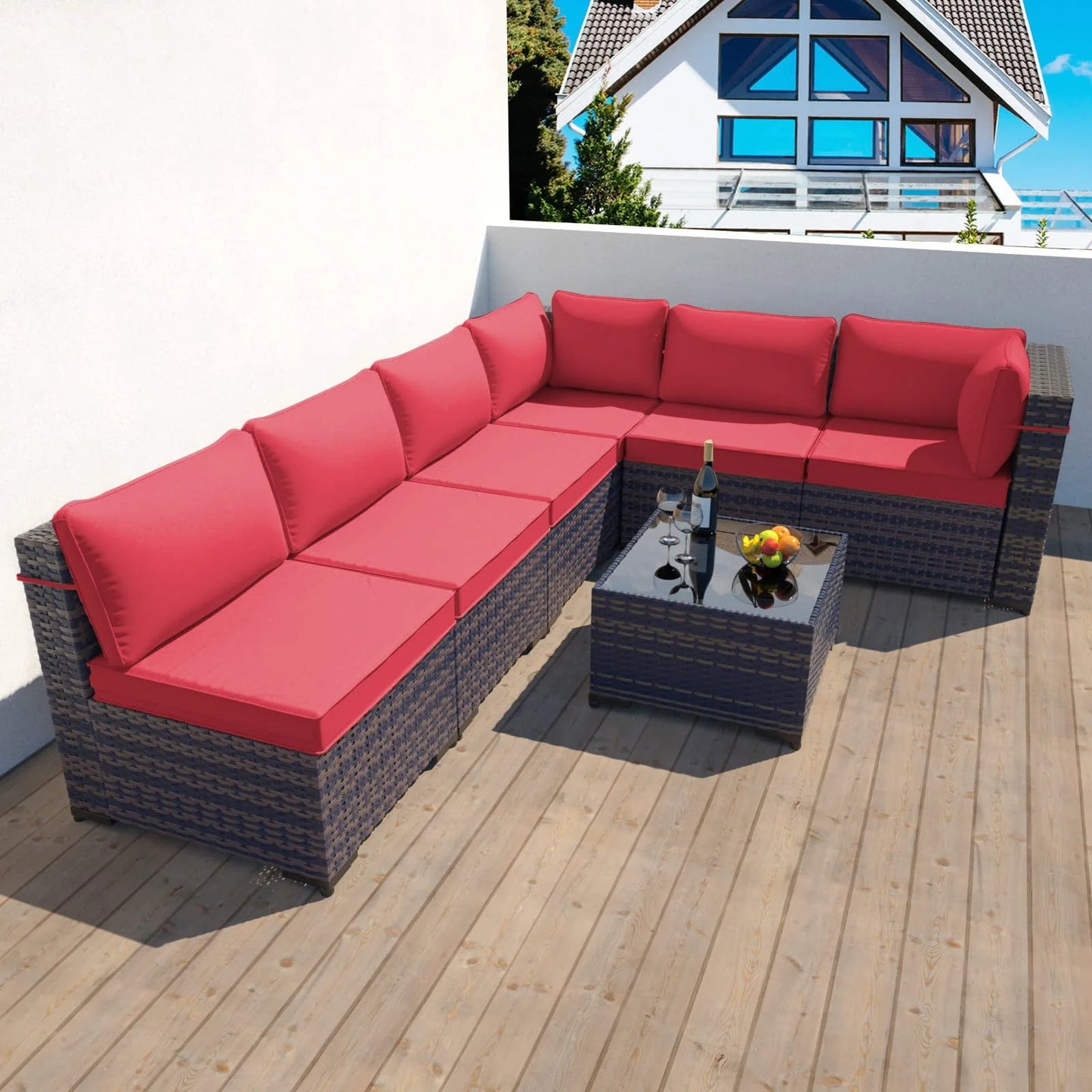 Gotland 7 Piece Outdoor Patio Furniture Set PE Rattan Wicker Patio Sectional Sofa Conversation Set(Red)