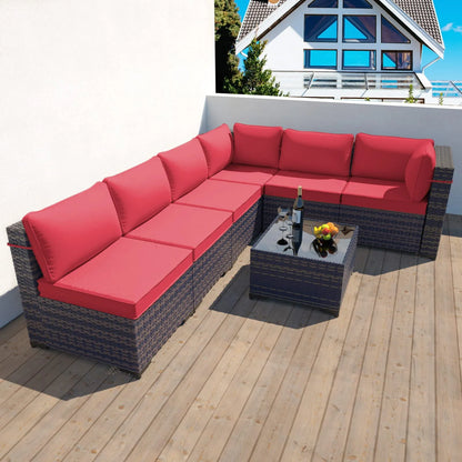 Gotland 7 Piece Outdoor Patio Furniture Set PE Rattan Wicker Patio Sectional Sofa Conversation Set(Red)