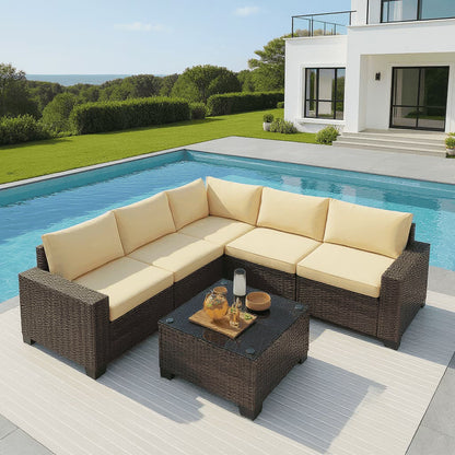 7 Piece Outdoor Patio Furniture Set, Asofer Rattan Wicker Outdoor Conversation Sectional Sofa Set, Gray