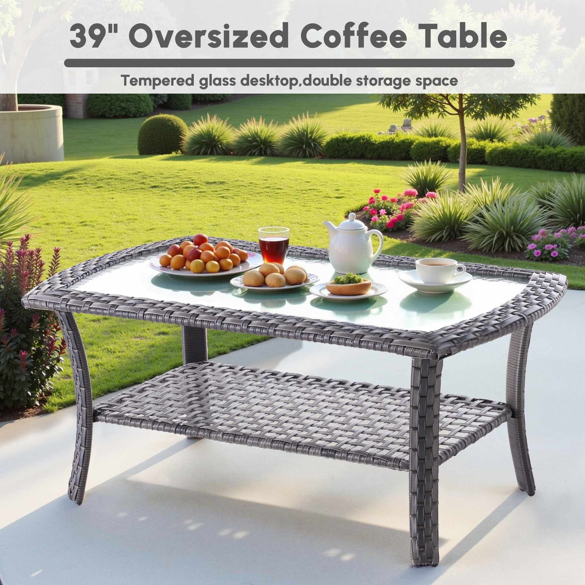 Ovios 4 Pieces Wicker Outdoor Patio Furniture with Coffee Table High Back All Weather Rattan Outdoor Sectional Conversation Set for Backyard Porch Garden, Denim Blue