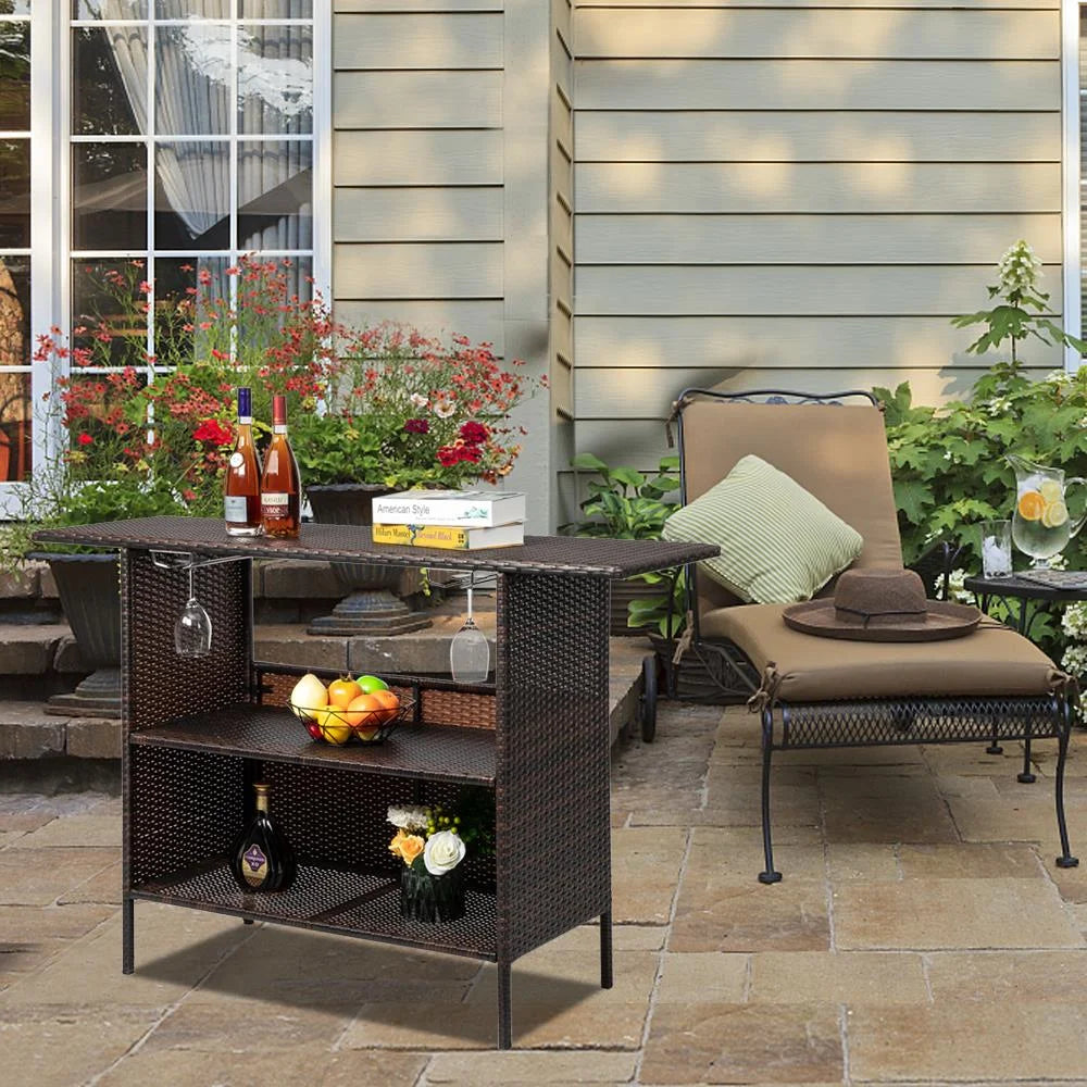 Zimtown Outdoor Wicker Bar Table with 2 Steel Shelves Brown, Patio Bar Table for Storage Function with 2 Tiers
