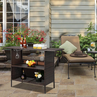 Zimtown Outdoor Wicker Bar Table with 2 Steel Shelves Brown, Patio Bar Table for Storage Function with 2 Tiers