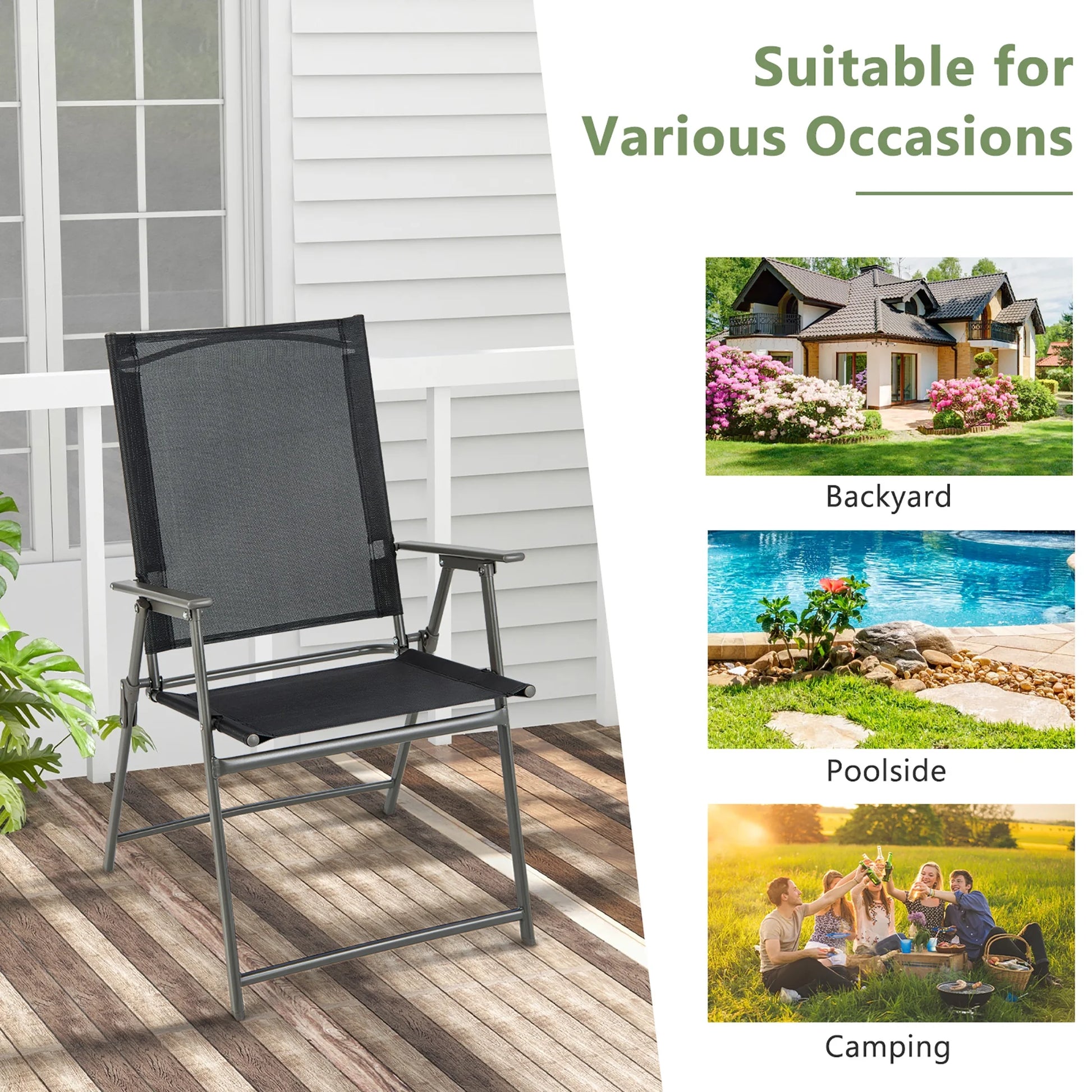 Costway 4pcs Patio Folding Portable Dining Chairs Metal Frame Armrests Garden Black
