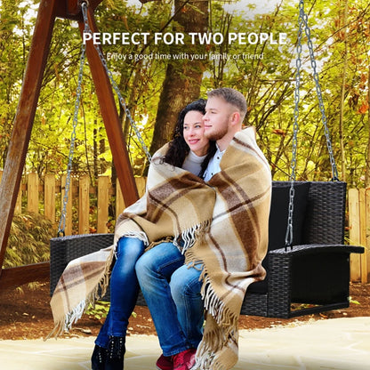 Yardi Yard 2-Person Patio Rattan Porch Swing with Cushions-Black, Porch Swing Hanging Bench, Wicker Outdoor Swing Bench with Cushion and Pillow for Patio, Yard, Garden