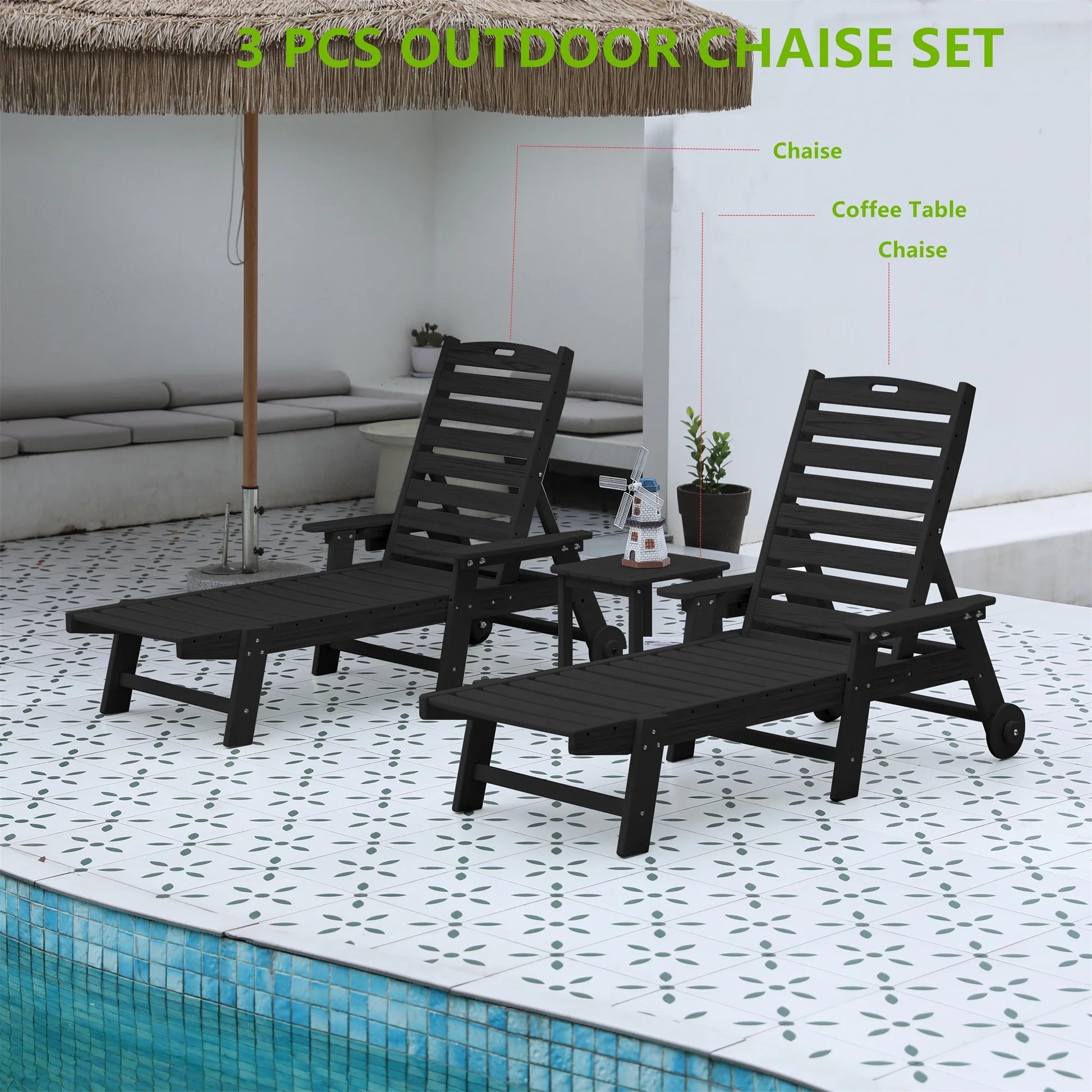 Aukfa 3 Pcs Outdoor Patio Chaise Lounge w/Coffee Table& Cup Holder, Adjustable Backrest, HDPE, Black