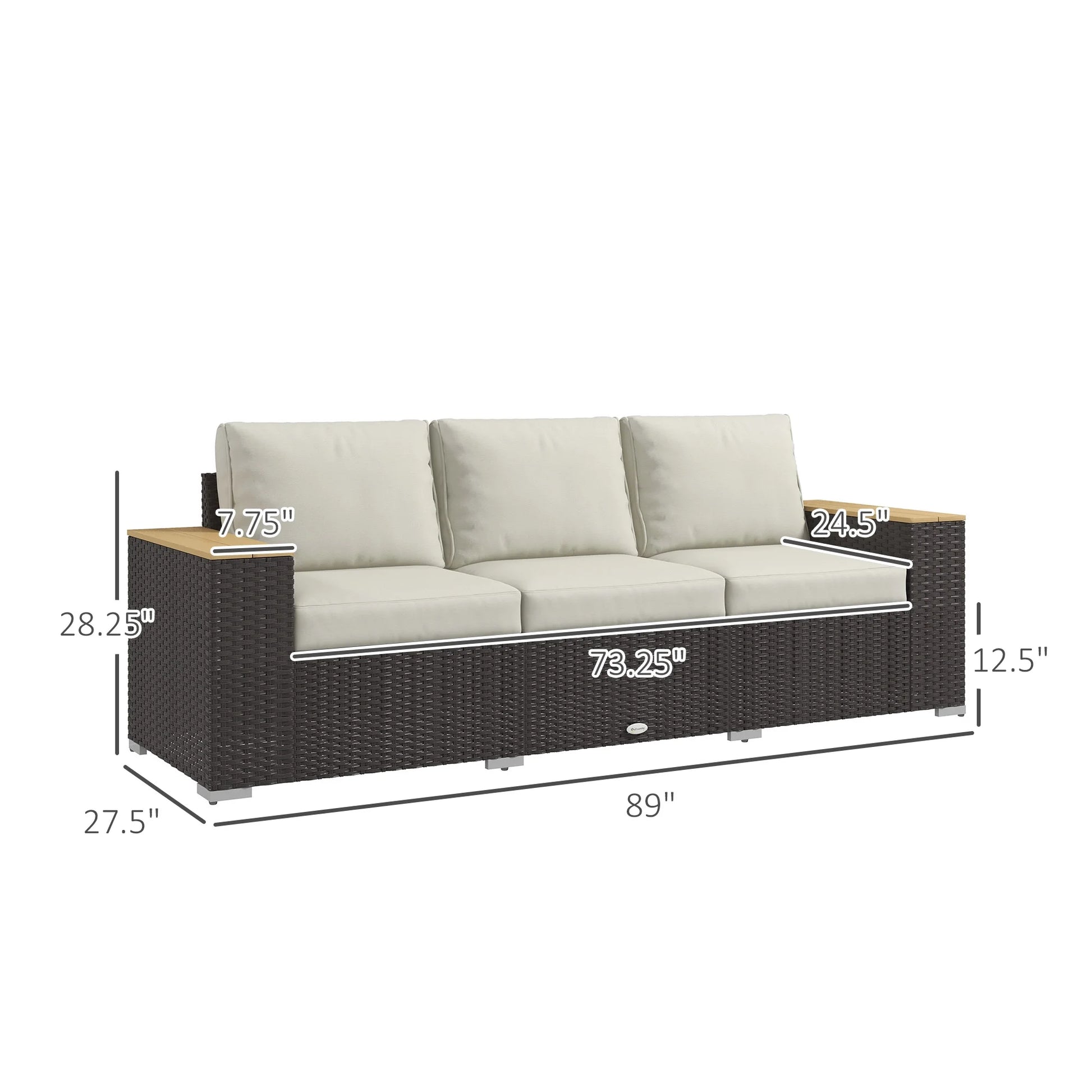 Outsunny Thick Cushioned 3-Seater Outdoor Sofa, Wood Grain Wide Armrests, Patio Couch, Beige