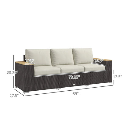 Outsunny Thick Cushioned 3-Seater Outdoor Sofa, Wood Grain Wide Armrests, Patio Couch, Beige
