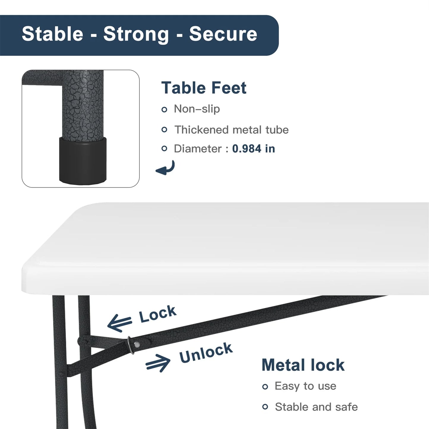 Hommoo 6ft Plastic FoldingTable,Portable Collapsible Table Outdoor Foldable Picnic Table for, Party, Hiking, Patio,Banquet, Wedding,Camping,with Lock,Handle, White