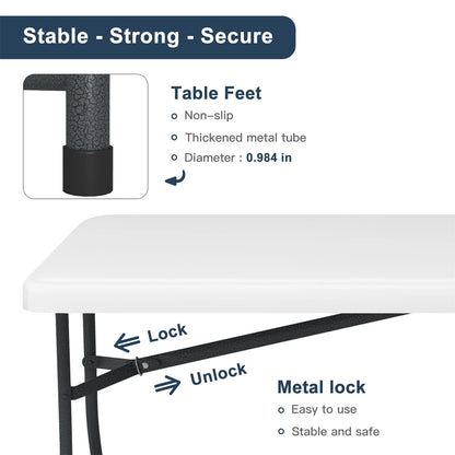 Hommoo 6ft Plastic FoldingTable,Portable Collapsible Table Outdoor Foldable Picnic Table for, Party, Hiking, Patio,Banquet, Wedding,Camping,with Lock,Handle, White