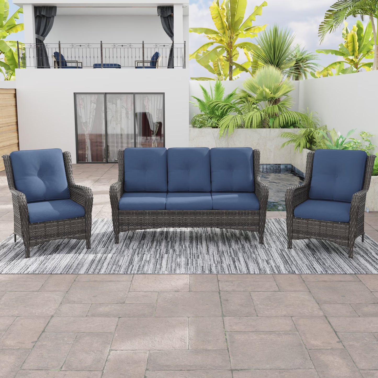 MeetLeisure 3 Pieces Outdoor Furniture Patio Furniture Set with One 3-Seat Sofa, Two ArmChairs, Navy
