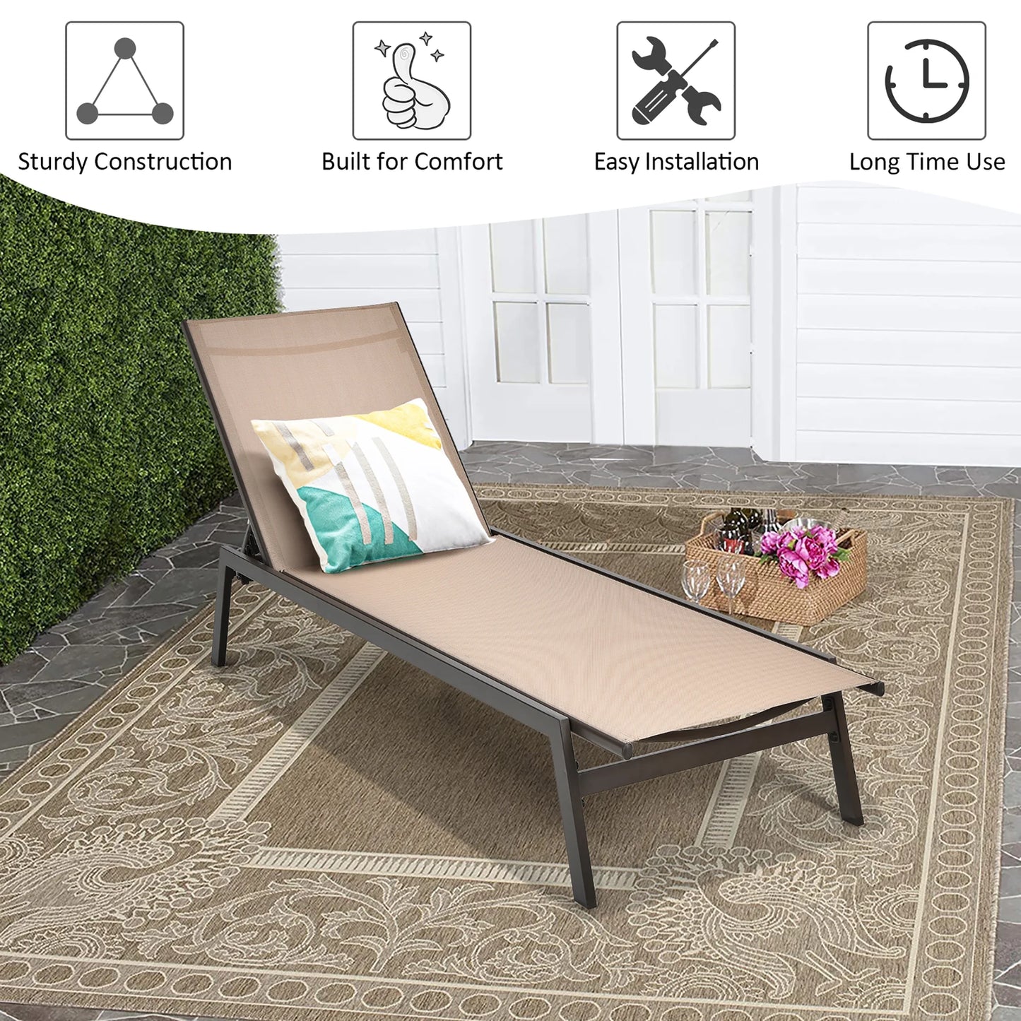 Costway Patio Lounge Chair Chaise Recliner Back Adjustable Garden Deck Brown