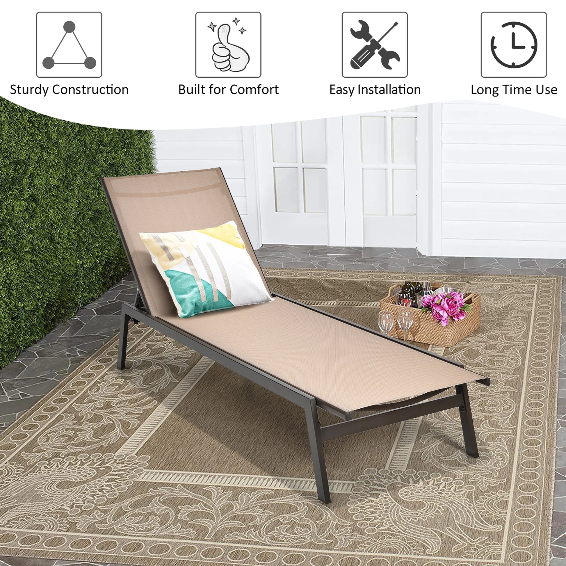 Costway Patio Lounge Chair Chaise Recliner Back Adjustable Garden Deck Brown
