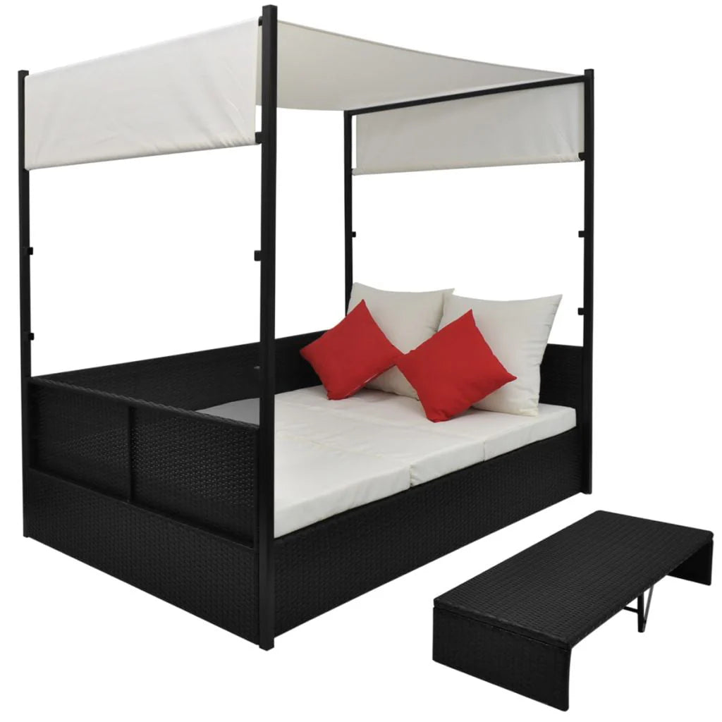 vidaXL Patio Bed Outdoor Patio Double Chaise Lounge with Canopy Poly Rattan
