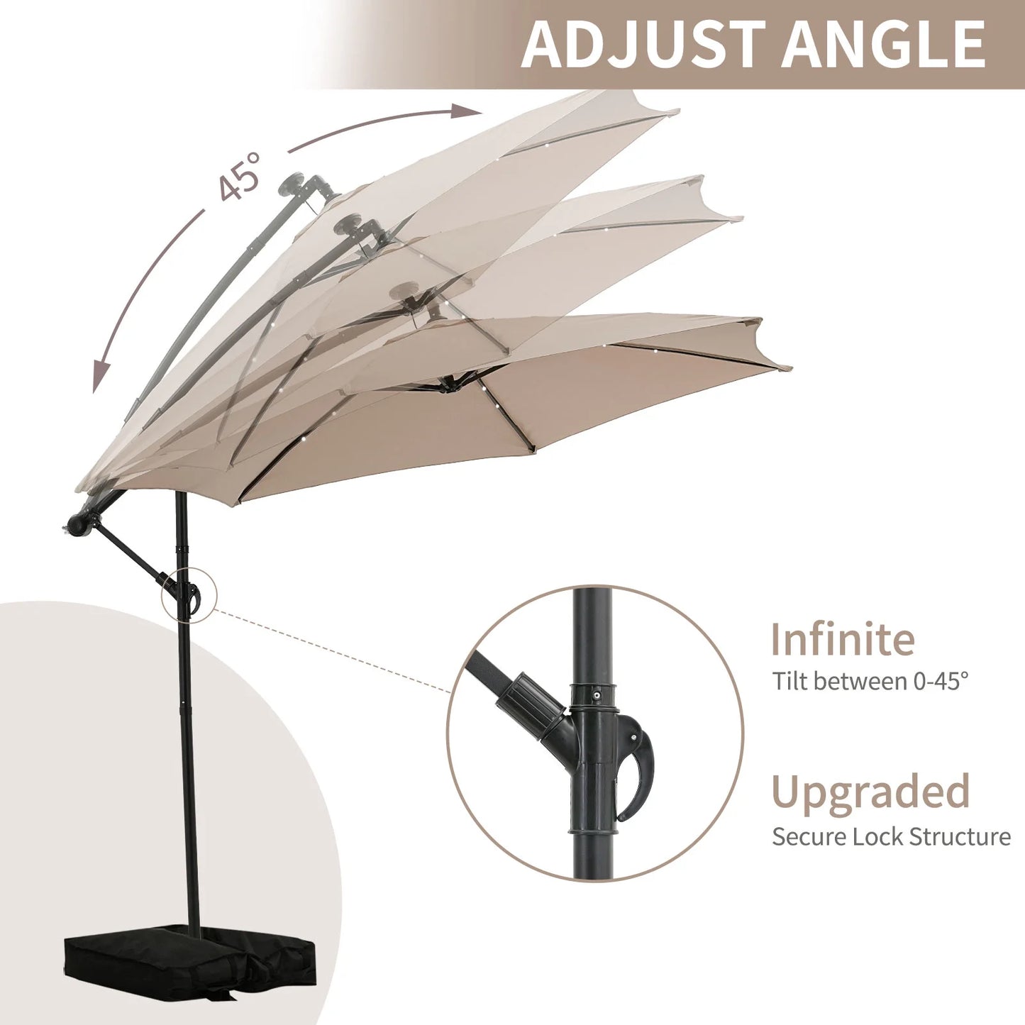 Ainfox 10ft Cantilever Patio Umbrella with Lights, Offset Market Umbrella with Sandbags Weighted Base and Cross Base,Khaki