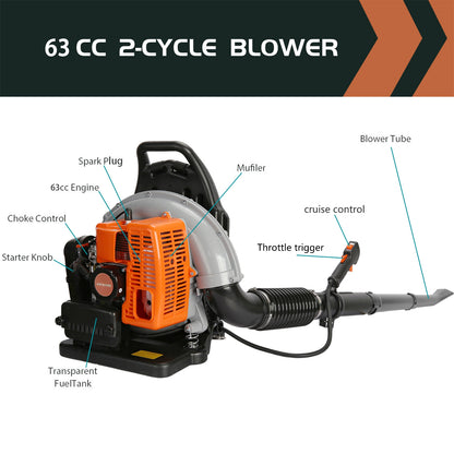 Limorve EB650 Backpack Leaf Blower, 2-Stroke Engine Multi-purpose 63 Cubic Centimeter High Strength Snow Blower for Lawn Care, Patio, Sidewalk,Snow Blowing-Orange
