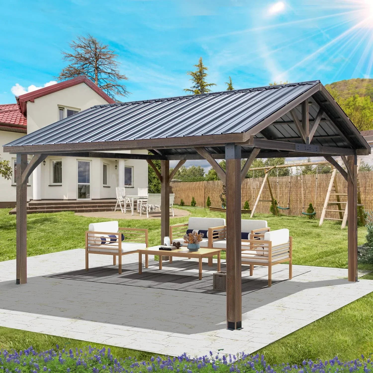 AECOJOY Wooden Gazebo 14.5x11ft for Outdoor BBQ Grill and Relaxation, Sturdy Brown Permanent Pavilion for Patios, Gardens, and Lawns
