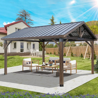 AECOJOY Wooden Gazebo 14.5x11ft for Outdoor BBQ Grill and Relaxation, Sturdy Brown Permanent Pavilion for Patios, Gardens, and Lawns