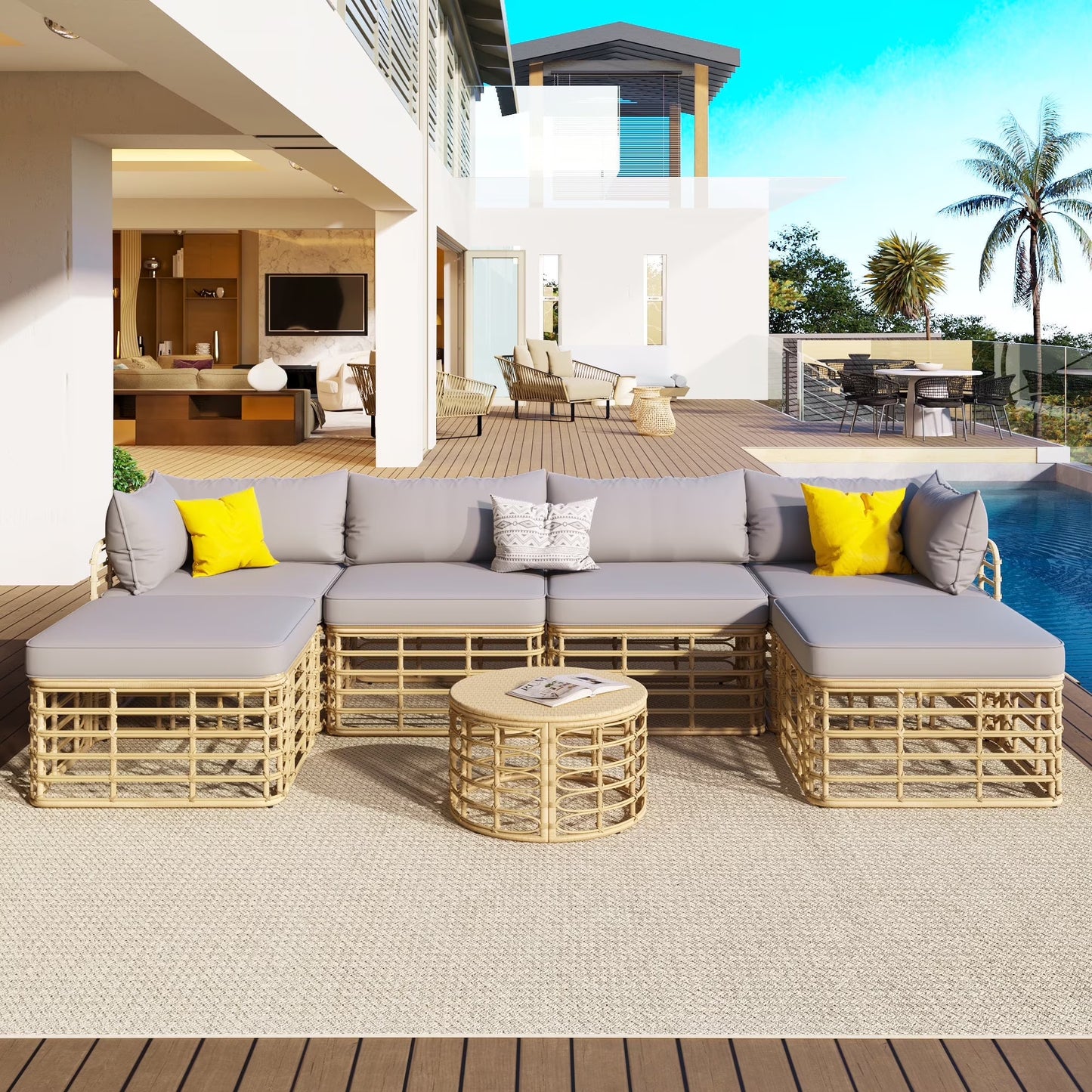 7 Pieces Patio Furniture Set, Wicker Sectional Table and Chairs Sets, Patio Conversation Set with Sectional Chaise Longue, Coffee Table, Suitable for Porch Backyard Garden, Beige