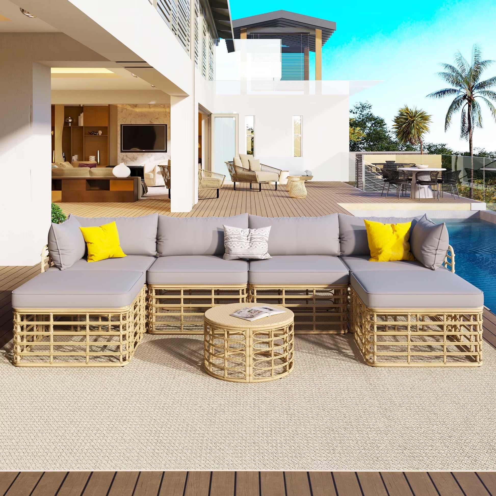 7 Pieces Patio Furniture Set, Wicker Sectional Table and Chairs Sets, Patio Conversation Set with Sectional Chaise Longue, Coffee Table, Suitable for Porch Backyard Garden, Beige