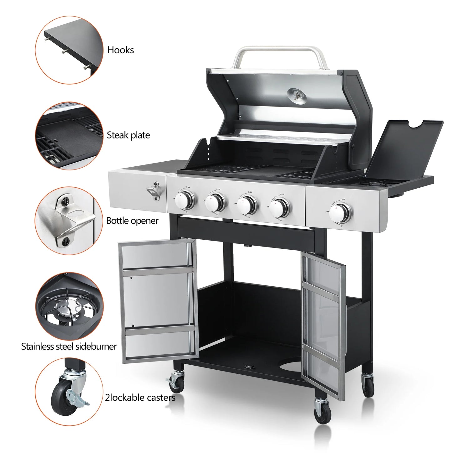 Kosynda 4-Burner Propane Gas BBQ Grill with Side Burner, 46790BTU Stainless Steel Grill Patio Garden Barbecue Grill for Outdoor Cooking, Silver