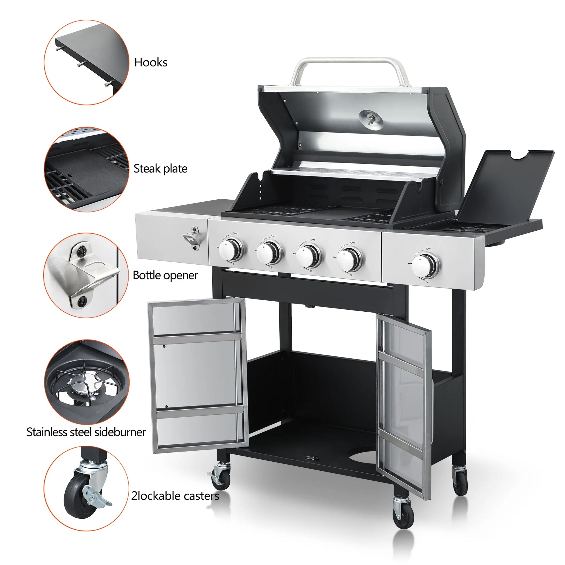 Kosynda 4-Burner Propane Gas BBQ Grill with Side Burner, 46790BTU Stainless Steel Grill Patio Garden Barbecue Grill for Outdoor Cooking, Silver