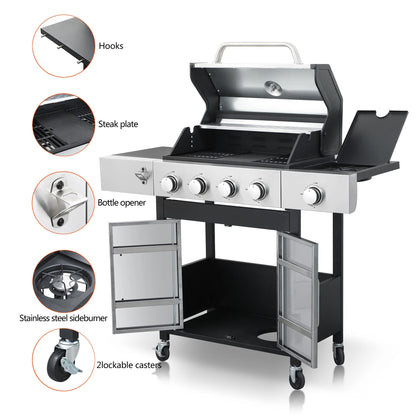 Kosynda 4-Burner Propane Gas BBQ Grill with Side Burner, 46790BTU Stainless Steel Grill Patio Garden Barbecue Grill for Outdoor Cooking, Silver