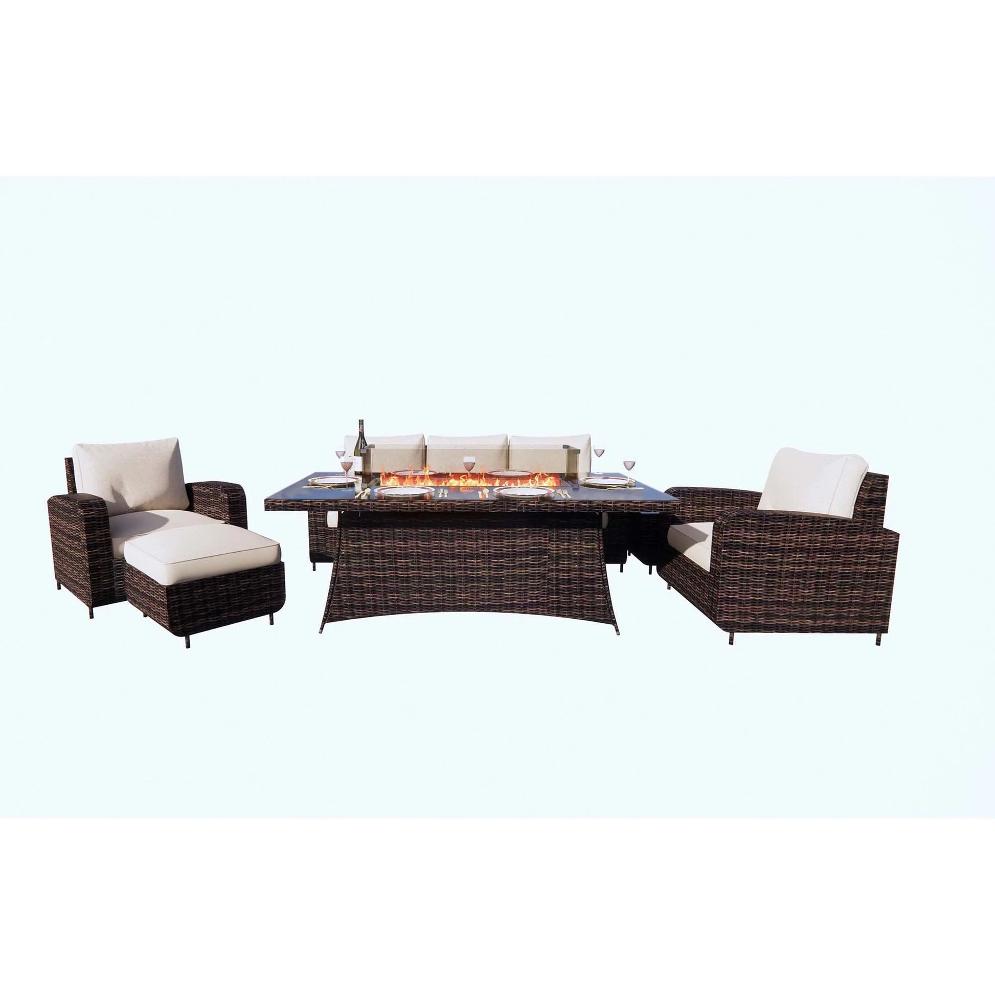 Direct Wicker 6-Piece Outdoor Patio Furniture Set with 72" Gas Propane Fire Pit Table Rattan Sectional Sofa Conversation Sets, Brown