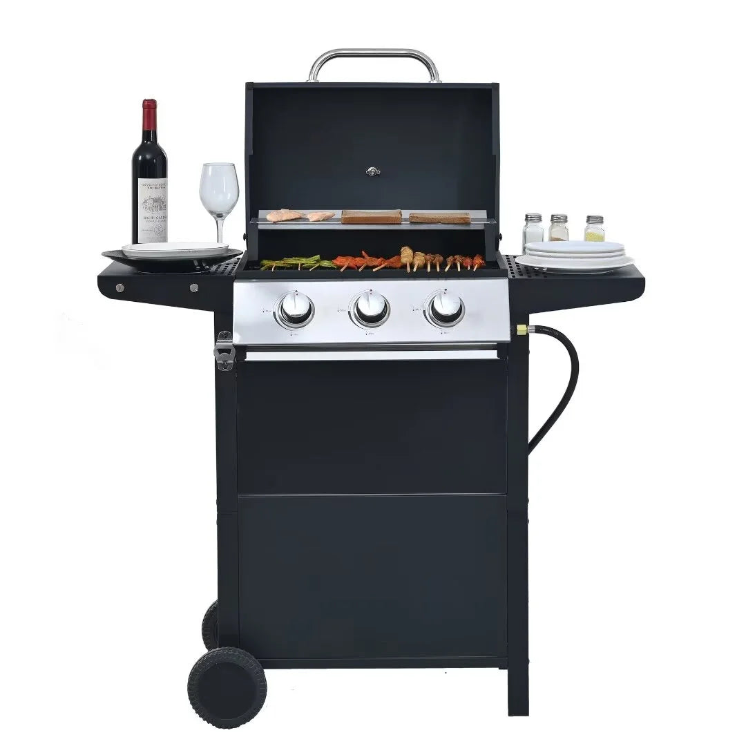 Leuco 3 Burner BBQ Propane Gas Grill, Stainless Steel 25,650 BTU Patio Garden Barbecue Grill with Two Shelves, Lid, Wheels and Bottle Opener