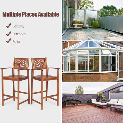 Giantex Patio Bar Stools Set of 4, Outdoor Acacia Wood Bar Chairs with Sunflower Backrest, Curved Armrests & Breathable Seat, Ideal for Balcony, Sunroom, Patio, Easy Assembly