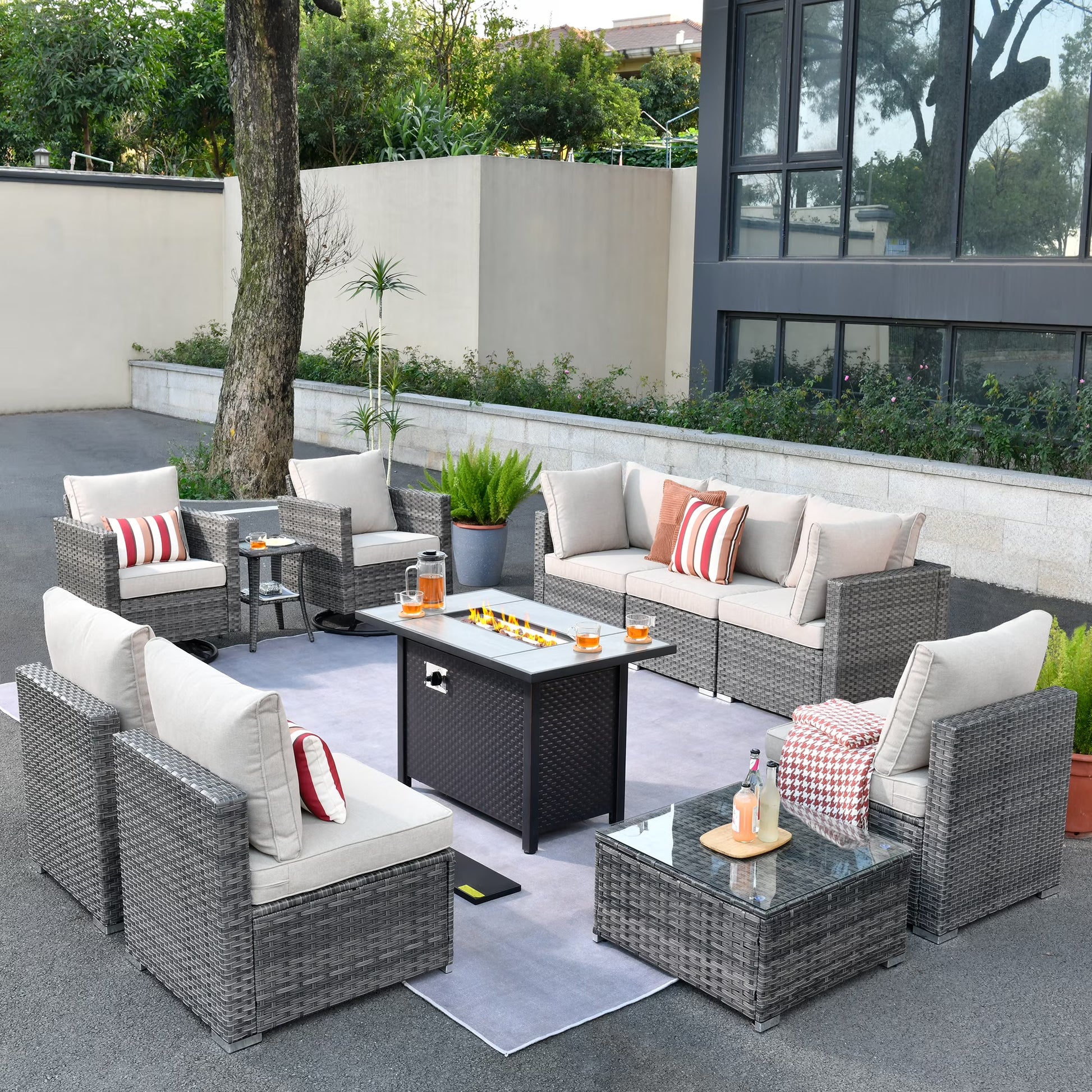 Ovios 11 Pieces Patio Fire Pit Set Outdoor Wicker Sectional Sofa Conversation Set with Swivel Rocking Chairs and Side Table,Dark Gray
