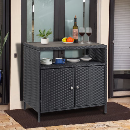 Faitaliicy Outdoor Wicker Rattan Storage Cabinet With Shelf Powder Coated Steel Patio Storage Box Bar Table With 2-Door Outdoor Freestanding Storage Unit For Patio Pool Garden Indoor Kitchen
