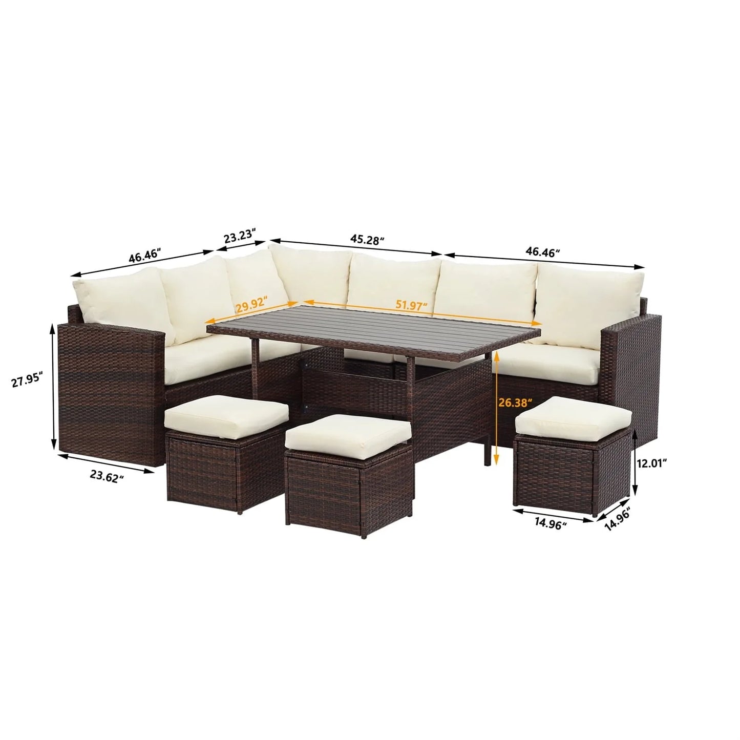 CozyHom 7 Pcs Outdoor Patio PE Wicker Sectional Dining Sofa Furniture Set, Rattan Sectional Conversation Furniture Set With Dining Table, Beige