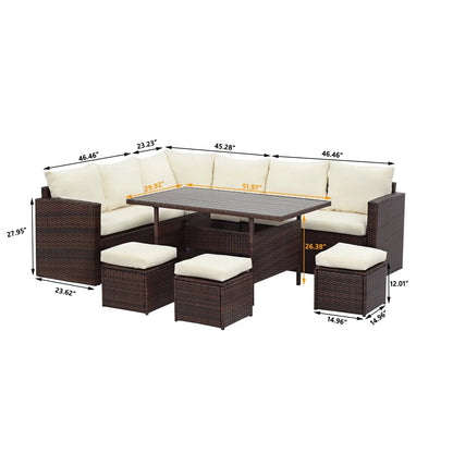 CozyHom 7 Pcs Outdoor Patio PE Wicker Sectional Dining Sofa Furniture Set, Rattan Sectional Conversation Furniture Set With Dining Table, Beige