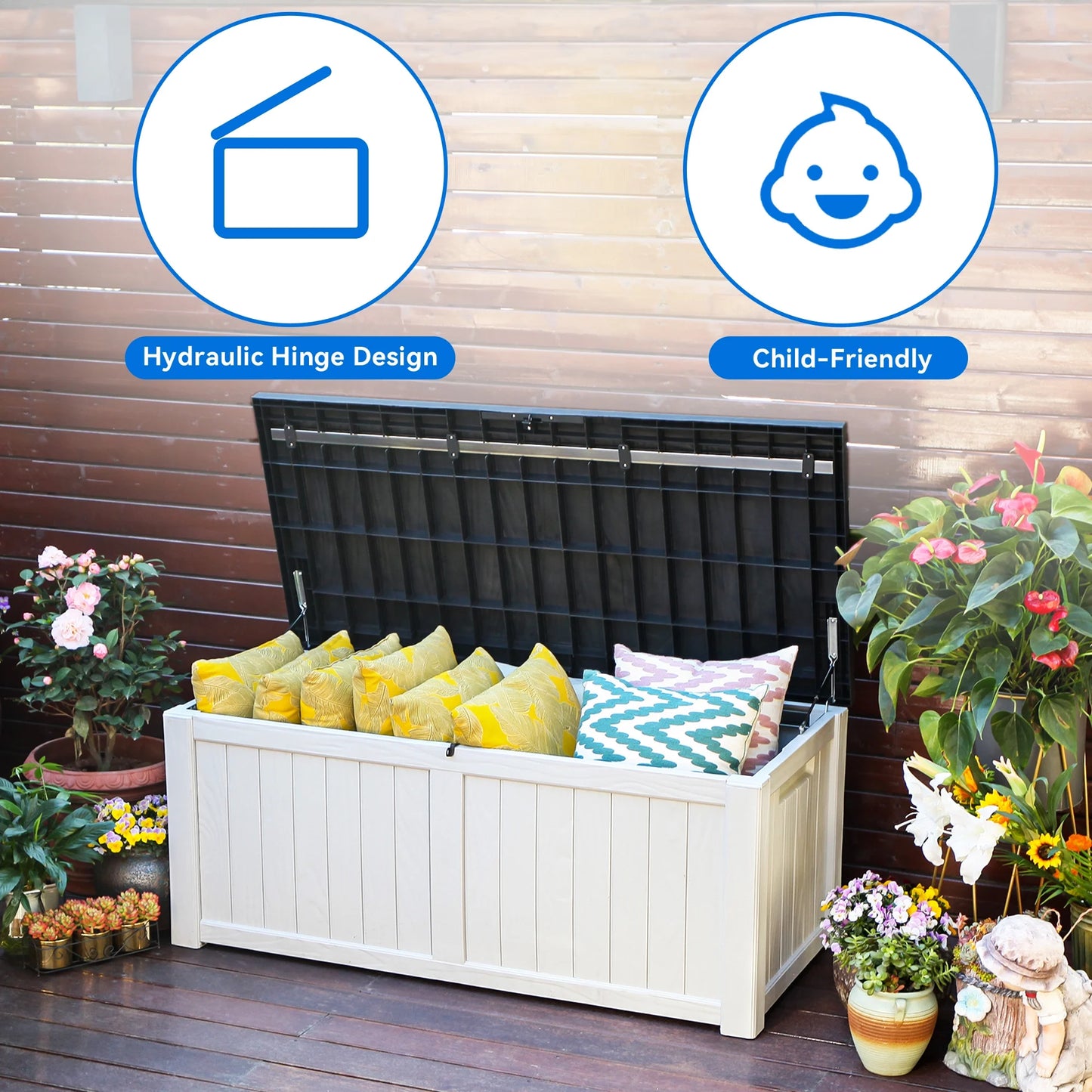 Dextrus Outdoor Storage Deck Box 120 Gallon - Large Resin Patio Storage for Outdoor Pillows, Garden Tools and Pool Supplies - Waterproof and Lockable (Dark Grey)