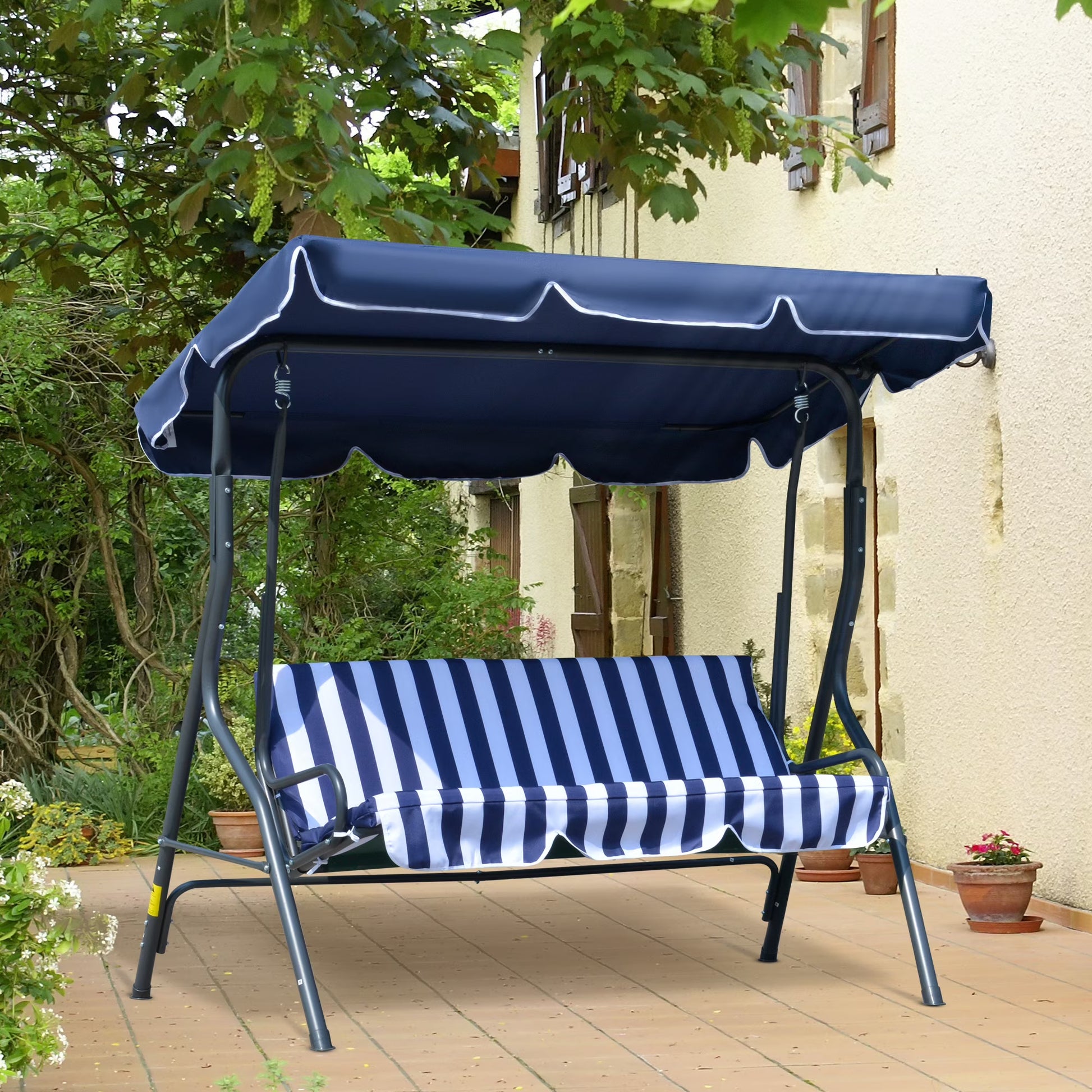 Outsunny Porch Swing with Canopy, 3-Person Patio Swing Chair, Dark Blue