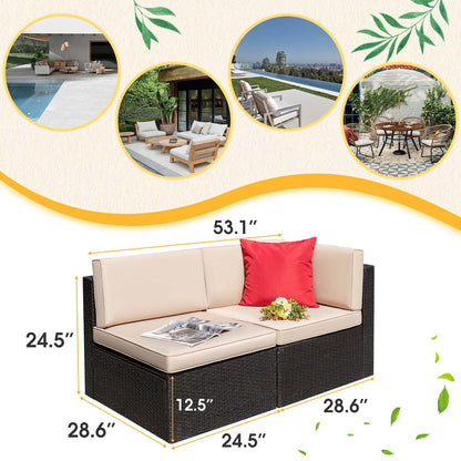Devoko 2 Pieces Patio Sectional Set Outdoor Rattan Loveseat with Cushions & Red Pillow, Beige