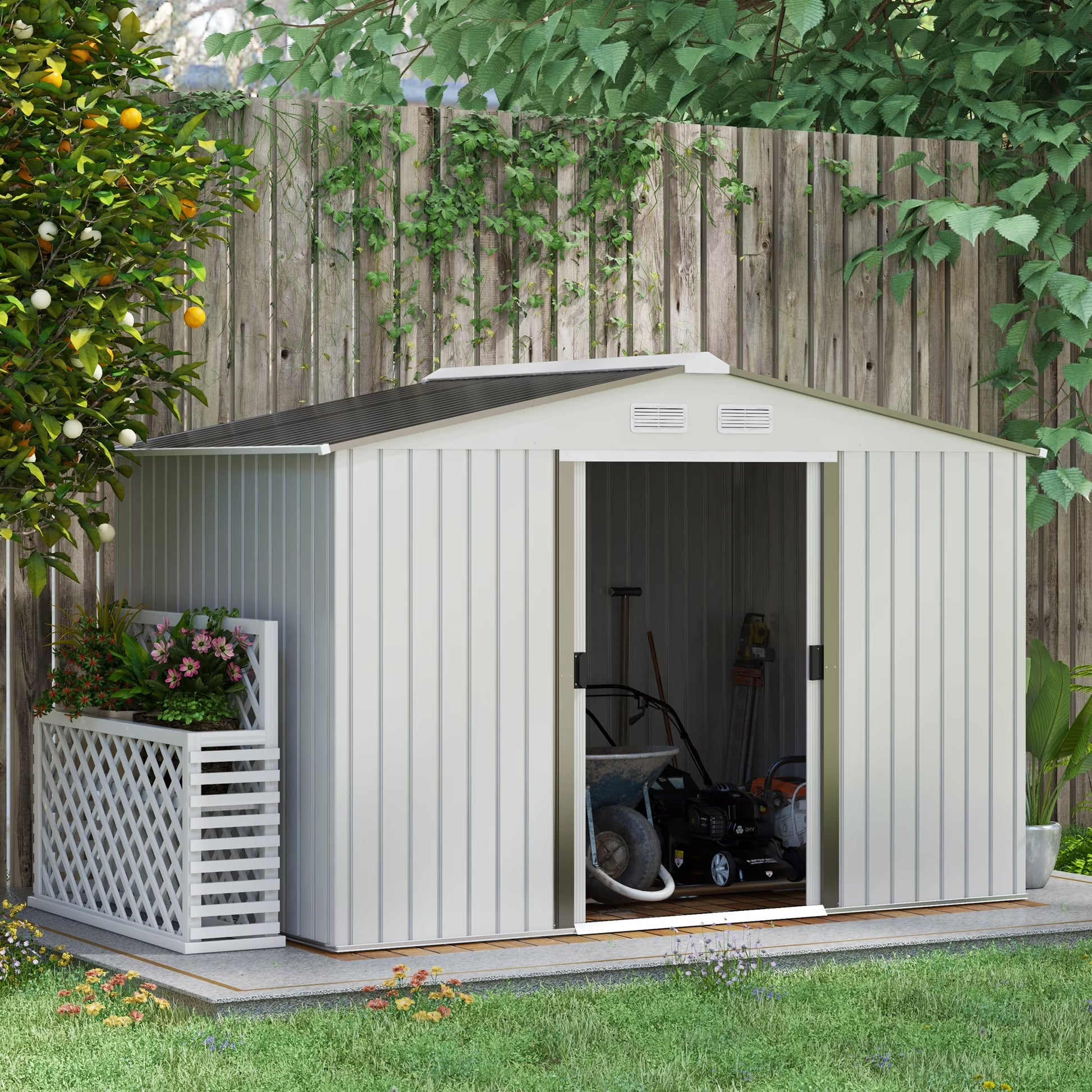 Outsunny 7' x 4' Metal Storage Shed Organizer, Garden Tool House with 4 Vents and 2 Sliding Doors for Backyard, Patio, Garage, Lawn, Dark Gray