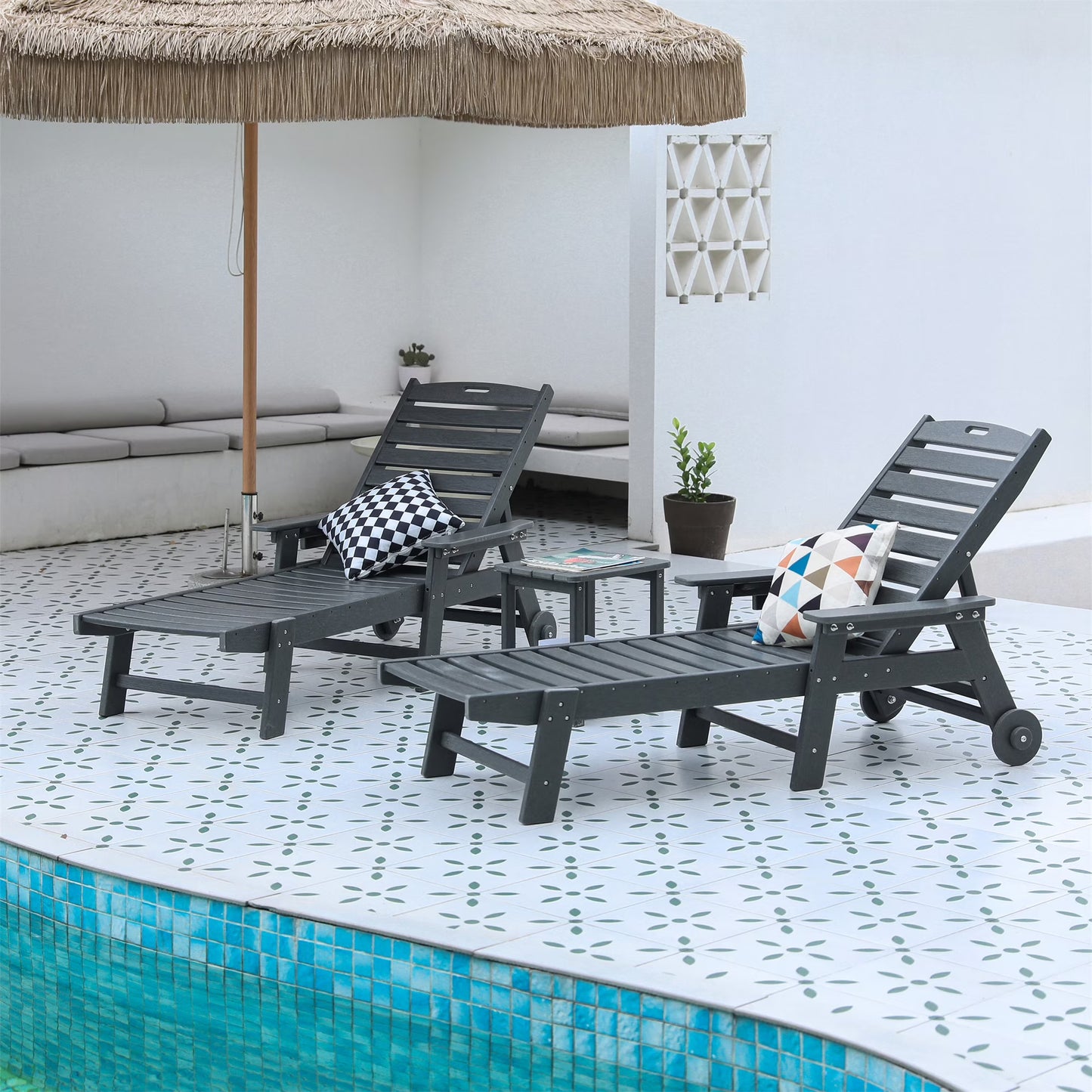 Aukfa 3 Pcs Outdoor Patio Chaise Lounge w/Coffee Table& Cup Holder, Adjustable Backrest, HDPE, Black