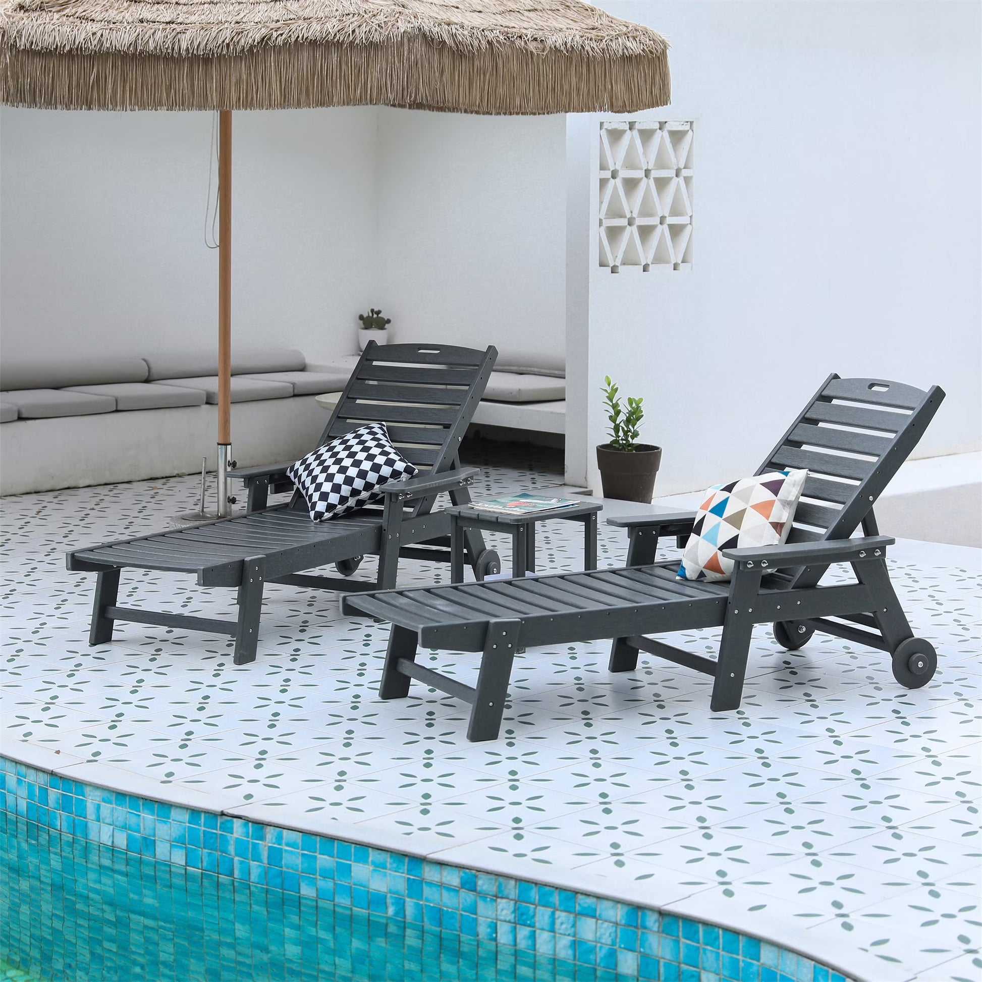 Aukfa 3 Pcs Outdoor Patio Chaise Lounge w/Coffee Table& Cup Holder, Adjustable Backrest, HDPE, Black