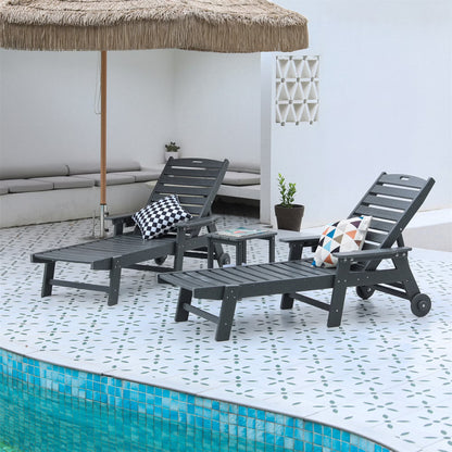 Aukfa 3 Pcs Outdoor Patio Chaise Lounge w/Coffee Table& Cup Holder, Adjustable Backrest, HDPE, Black