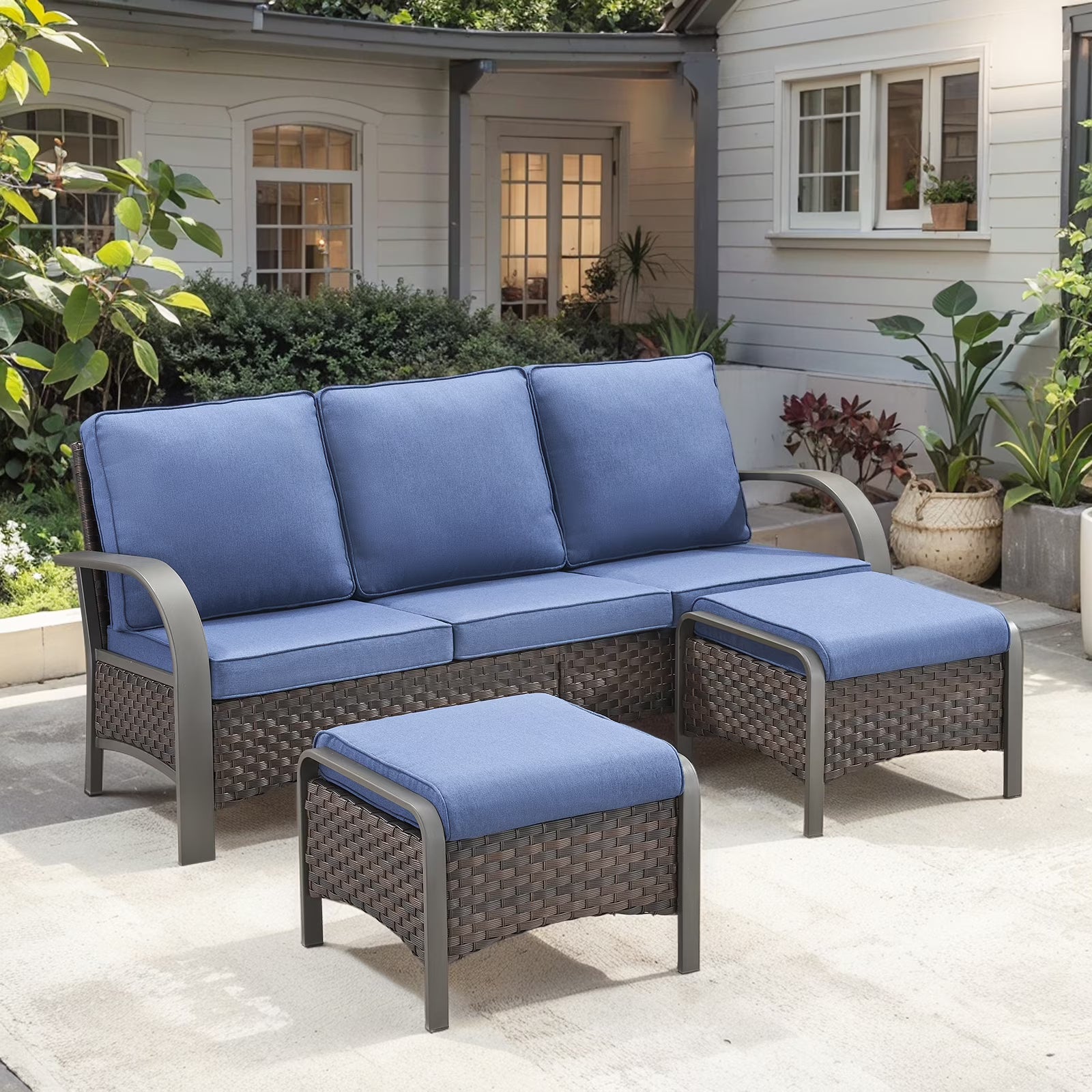 OPOHORO 3-Piece Outdoor Patio Furniture Set, 75-Inch Wicker Sofa with 2 Ottomans, Brown Rattan Couch with Blue Cushions for Deck or Backyard