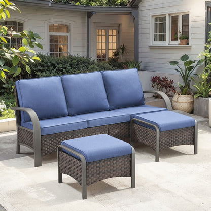 OPOHORO 3-Piece Outdoor Patio Furniture Set, 75-Inch Wicker Sofa with 2 Ottomans, Brown Rattan Couch with Blue Cushions for Deck or Backyard