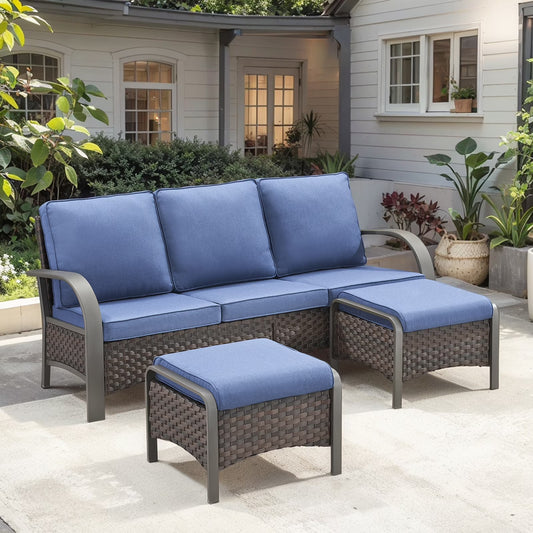 OPOHORO 3-Piece Outdoor Patio Furniture Set, 75-Inch Wicker Sofa with 2 Ottomans, Brown Rattan Couch with Blue Cushions for Deck or Backyard